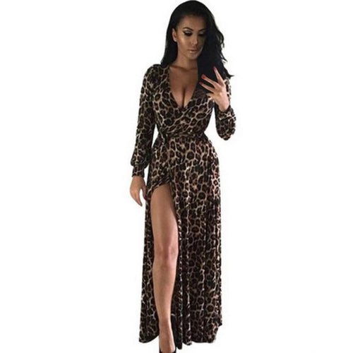 Women Sexy Dress  Fashion Leapord  Dress Long Maxi Women's Dresses Long Sleeve Elegant Evening Party Dress Lady Robes GS