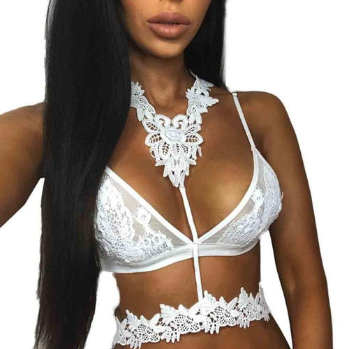 Women Sexy Lingerie Floral Lace Halter Neck Bra Hollow Out Crop Top Seamless Bralette Cup Wireless Bra Women top cropped #63 GS