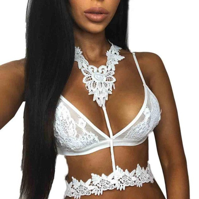 Women Sexy Lingerie Floral Lace Halter Neck Bra Hollow Out Crop Top Seamless Bralette Cup Wireless Bra Women top cropped #63 GS