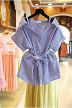 Women Short Sleeves Tops Shirt  Casual Striped Women's Tops Kitten Bowknot Design Decoration Female Shirts 33012 GS