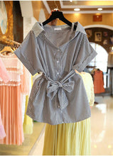 Women Short Sleeves Tops Shirt  Casual Striped Women's Tops Kitten Bowknot Design Decoration Female Shirts 33012 GS
