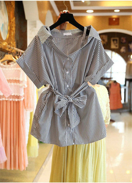 Women Short Sleeves Tops Shirt  Casual Striped Women's Tops Kitten Bowknot Design Decoration Female Shirts 33012 GS
