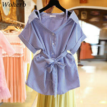 Women Short Sleeves Tops Shirt  Casual Striped Women's Tops Kitten Bowknot Design Decoration Female Shirts 33012 GS