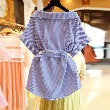Women Short Sleeves Tops Shirt  Casual Striped Women's Tops Kitten Bowknot Design Decoration Female Shirts 33012 GS