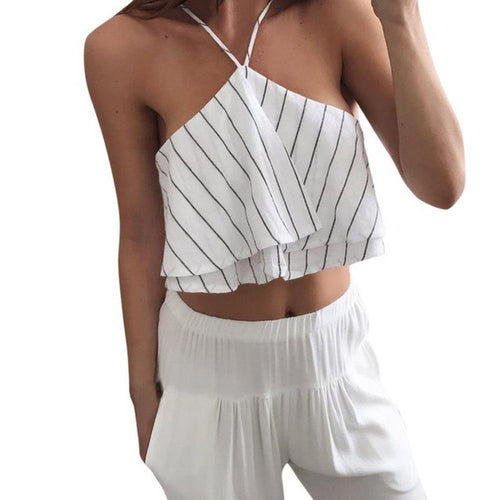 Women Sleeveless Tank Top For Women Striped Ruffle Halter Neck Short Crop Top Female   cropped feminino #23 GS