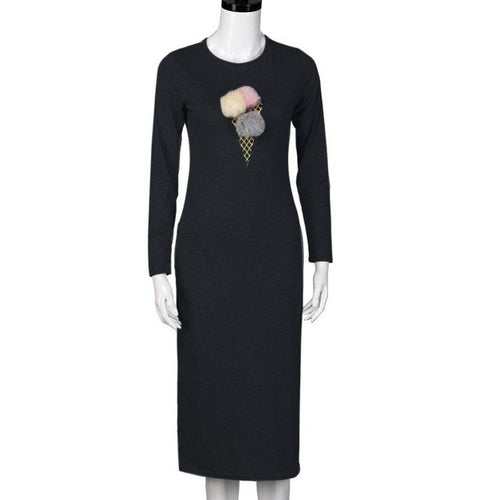 Women Straight T Shirt Dress Ice Cream Pompon Ball Print Long-sleeved Package Hip Long Maxi Women's Dresses Robe Femme #1215 GS
