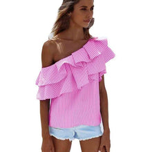 Women Striped Ruffled Off Shoulder Slash Neck Womens Blouses Sleeveless  Women Tops blusas feminina vero  #15 GS