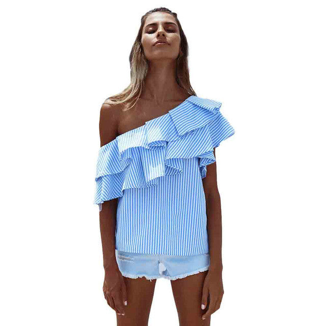 Women Striped Ruffled Off Shoulder Slash Neck Womens Blouses Sleeveless  Women Tops blusas feminina vero  #15 GS