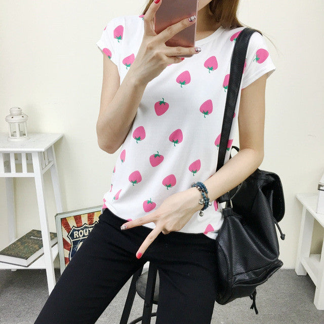 Women Summer Print T Shirt FashionFruit Print Tee Casual Woman Strawberry Print Tops O-Neck Short Sleeve t-shirt 71574 GS