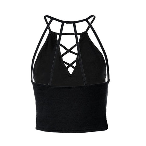 Women  Tank Tops  Sexy Bandage Sleeveless Halterneck Crop Tops Female Solid Backless Vest Short Tank Top Women #63 GS
