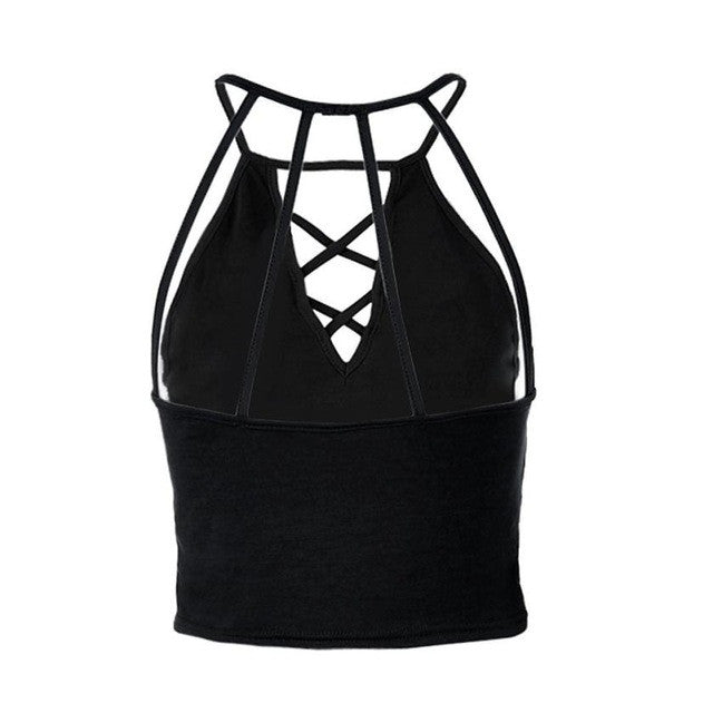 Women  Tank Tops  Sexy Bandage Sleeveless Halterneck Crop Tops Female Solid Backless Vest Short Tank Top Women #63 GS