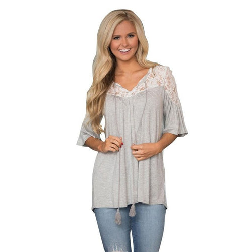 Women T shirt   Fashion Lace Splice Casual Loose Short sleeve V-neck T-Shirts Femme camisetas mujer verano #63 GS