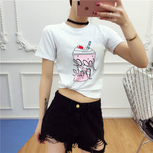 Women Top Tees  Harajuku Summer Short Sleeves Letters/Fruits Printing White T-shirt Tops Girls Causal Tshirts 33009 GS
