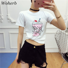 Women Top Tees  Harajuku Summer Short Sleeves Letters/Fruits Printing White T-shirt Tops Girls Causal Tshirts 33009 GS