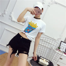 Women Top Tees  Harajuku Summer Short Sleeves Letters/Fruits Printing White T-shirt Tops Girls Causal Tshirts 33009 GS