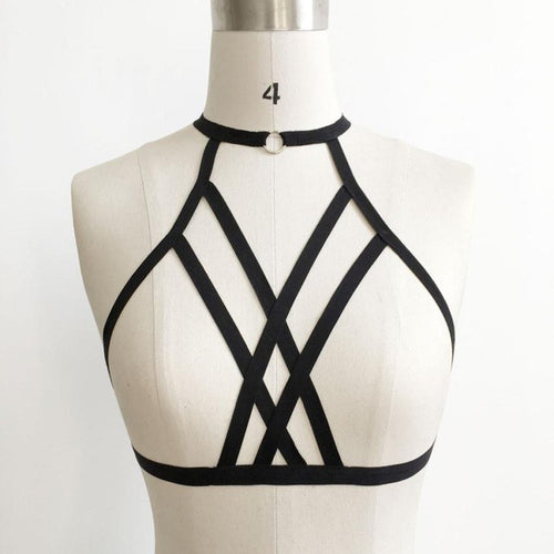 Women's black Bandage bra body sexy lingerie harajuku gothic Strappy sexy Halter Neck bondage Crop Top #23 GS
