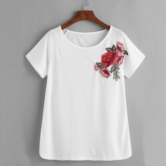 Women t shirt short sleeve Fashion   Rose Embroidered White T-shirt O Neck Tops Tees poleras de mujer #421 GS