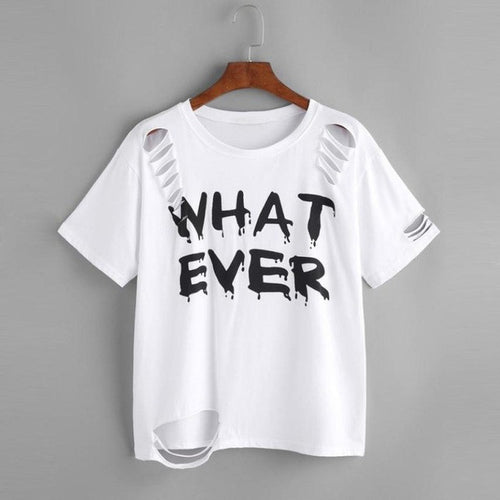 Women t shirt short sleeve Letter Print Holes Casual White T-Shirts Women Tee Tops Female  Style  camisetas mujer #421 GS
