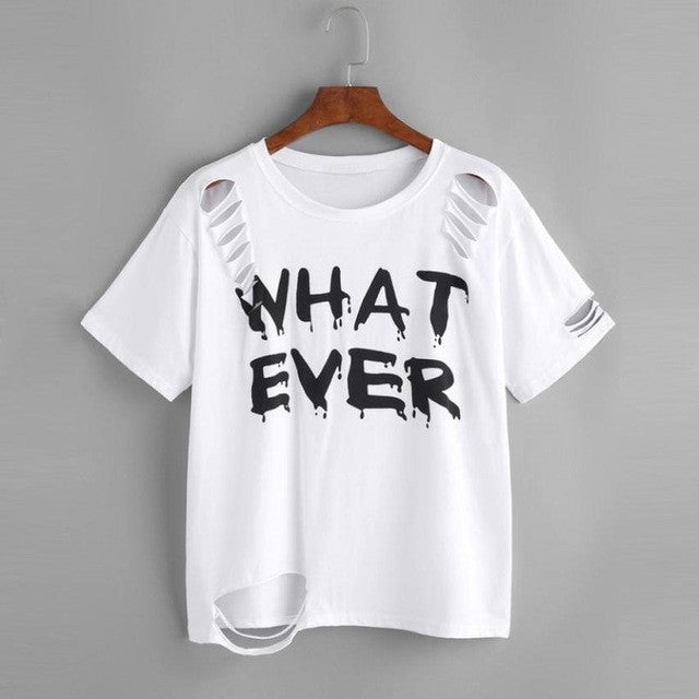 Women t shirt short sleeve Letter Print Holes Casual White T-Shirts Women Tee Tops Female  Style  camisetas mujer #421 GS