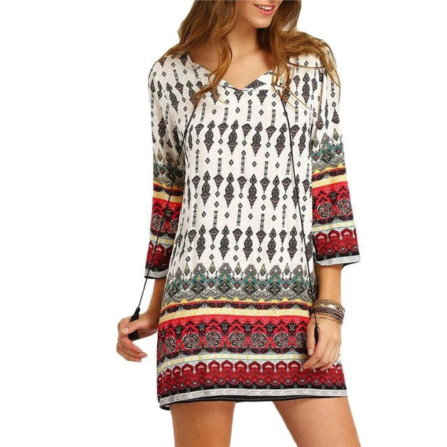dress  Casual Boho Style Floral Print Three Quarter V Neck Loose Mini Beach Dress Women Robe Femme YE GS