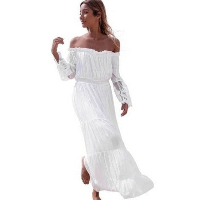 dress  runway womens fashion Sexy Strapless Off Shoulder Beach Wear Long Maxi Dresses Robe Femme White vestidos #23 GS